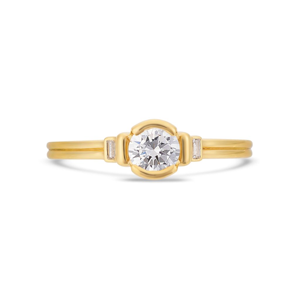 Deco brilliant cut solitaire diamond ring in yellow gold