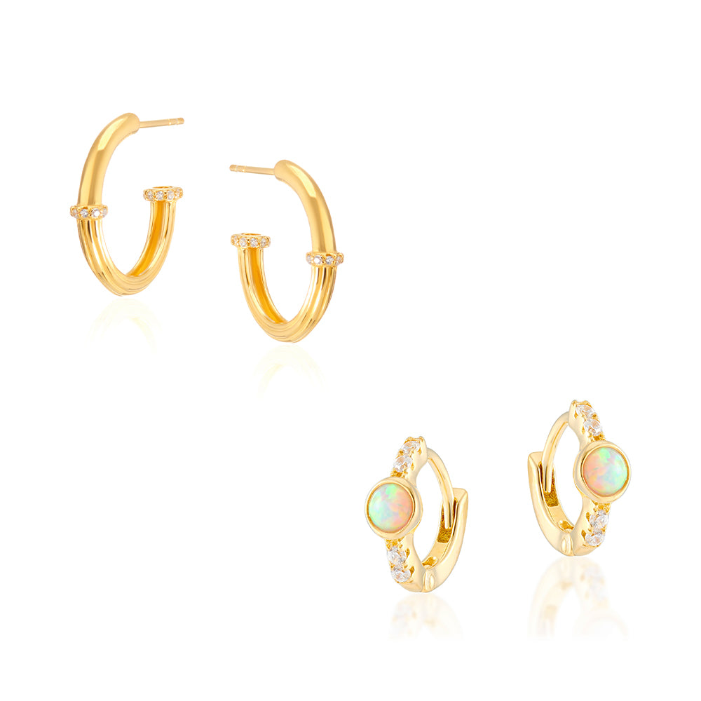 Sade medium hoops in gold and Alice gold huggies featuring opal
